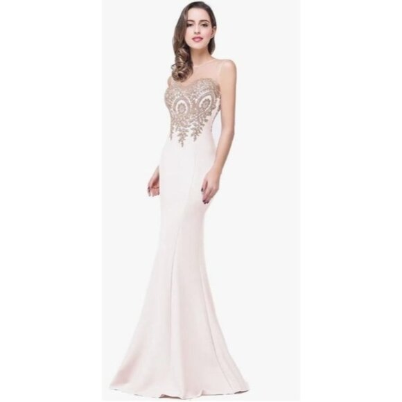 Babyonline D.R.E.S.S Dresses & Skirts - Elegant White Mermaid Gown/Dress Gold Lace Appliqué & Sheer Neckline Size M